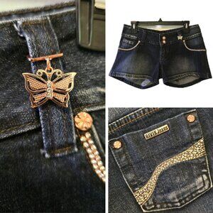 Vintage Y2K Bivik Jeans Co Denim Shorts Rhinestone Butterfly Charm Dark Wash 32"